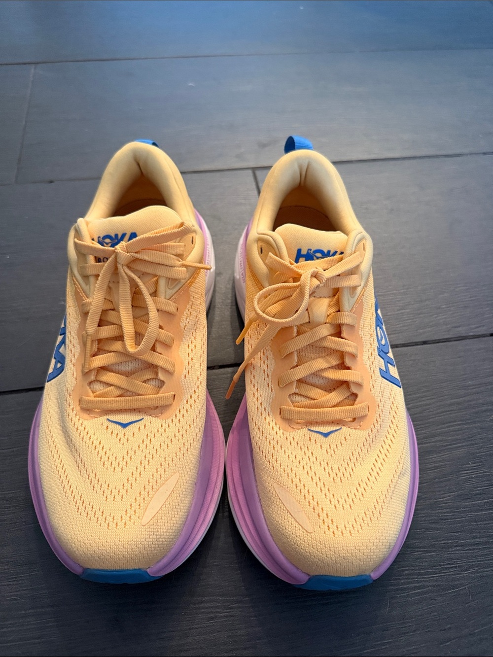 Hoka Kids Peach Running Sneakers with Purple and Blue Accents